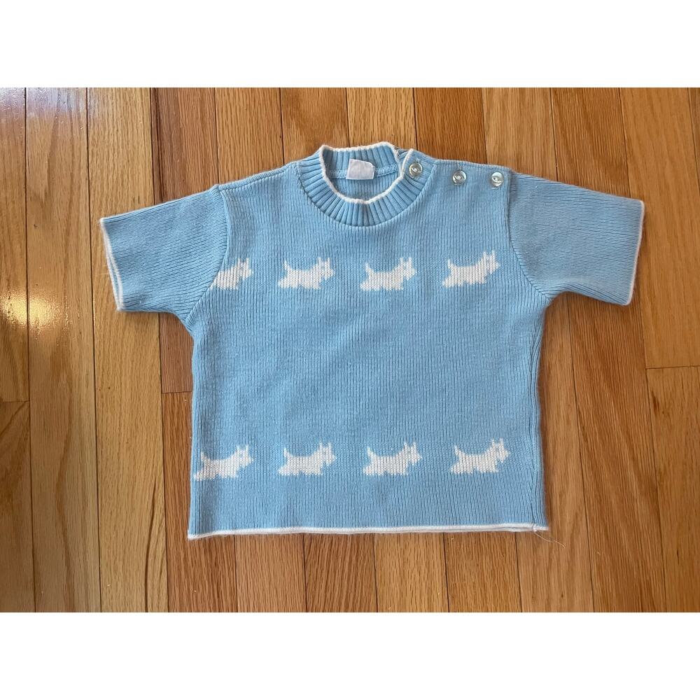Vintage Creative Knits by Sternberg Blue Short Sleve‎ Sweater with dogs 12 MO